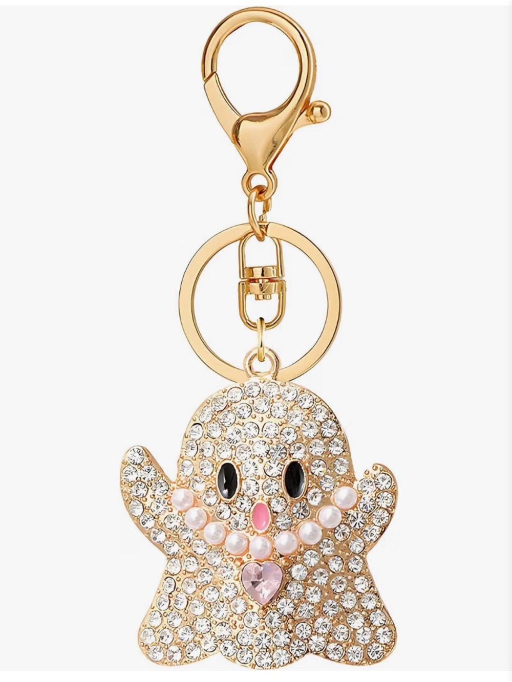 Gold Crystal Ghost Charm Keychain with Pink Accents